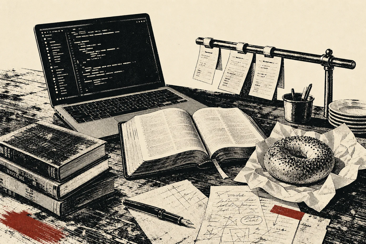 A woodcut-style workbench with a laptop, Bible, restaurant tickets, books, notes, and a bagel